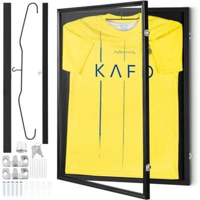 VEVOR Jersey Display Case 610 x 812 x 40 mm Afsluitbare Shadow Box voor sportshirts met 98% UV-bescherming PC-glas en hangers, voor honkbal-, basketbal-, voetbal-, hockeyshirts en uniformen, zwart