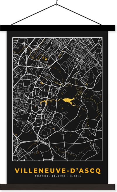 Posterhanger incl. Poster 40x60 cm - Schoolplaat - Kaart – Stadskaart – Villeneuve-d'Ascq - Plattegrond – Frankrijk - Textielposter - Zwarte latten - Stadskaart