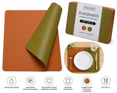 Wicotex - Placemats - Placemat Kunstleer Oranje - Pistache Moon - Dubbelzijdig 12 stuks
