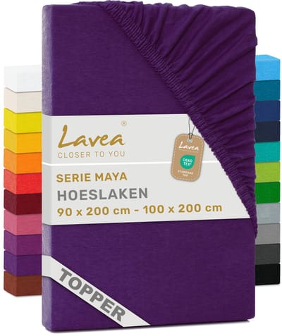 Lavea® Hoeslaken voor Topper/Topmatras 90x200 cm – 100% Katoen Jersey – Geschikt voor Topmatrassen tot 10 cm – Met Elastiek Rondom – OEKO-TEX Gecertificeerd – Donkerpaars
