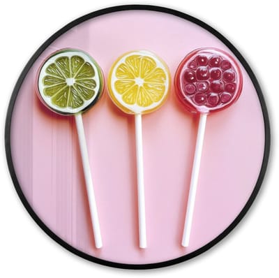 Poster in lijst Rond - Fotolijst 60x60 cm - Posters - Lolly - Snoep - Citrus - Ronde posterlijst zwart - Decoratie - Wanddecoratie woonkamer - Muurdecoratie slaapkamer