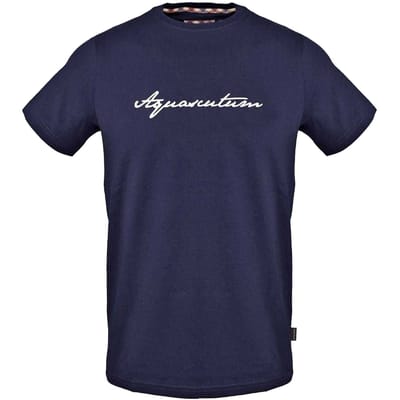 Aquascutum Heren Bedrukt Handtekening Crew Hals T-shirt (Marine)