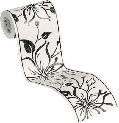 GRAFISCHE BLOEMEN BEHANGRAND | Zelfklevend - wit zwart zilver - A.S. Création Only Borders 11