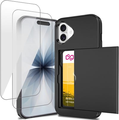 Hoesje met Pasjeshouder geschikt voor iPhone 17 - 2x Screen Protector GlassGuard - Back Cover SlideCase Zwart & Screenprotector
