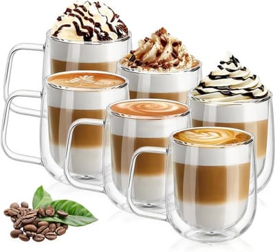 Set van 6 Dubbelwandige Glazen Mokken van Borosilicaatglas voor Thee, Koffie en Latte - 250ml