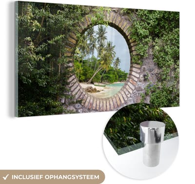 MuchoWow® Glasschilderij 40x20 cm - Schilderij acrylglas - Palmbomen - Tropisch - Doorkijk - Strand - Foto op glas - Schilderijen