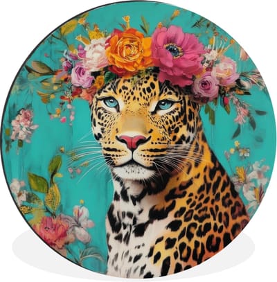 WallCircle - Wandcirkel - Muurcirkel - Luipaard - Bloemen - Kroon - Aluminium - Dibond - 30x30 cm - Binnen en Buiten