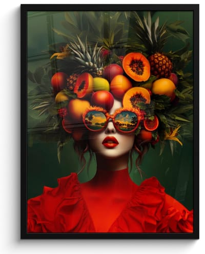 Poster in lijst - Fotolijst 50x70 cm - Posters - Vrouw - Vruchten - Papaja - Ananas - Posterlijst zwart - Decoratie - Wanddecoratie woonkamer - Muurdecoratie slaapkamer
