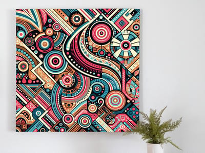 Pop art aboriginal schilderij | Fusion of Pop Art and Aboriginal culture in vibrant masterpiece | Kunst - 50x50 centimeter op Dibond | Foto op Dibond