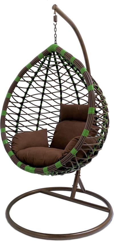 Rijoka Hangstoel Eggy Waves Schommelstoel – Bruin en Groen Rattan - Bruin Kussen - Bruin Frame - XLarge - Voor personen 2.20m Max.