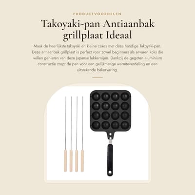 Dailygoods- Takoyaki-pan antiaanbak - Grillplaat - Bakvorm met 4 baknaalden - Gegoten aluminium - Wanddikte 2 cm - Totale lengte 32,5 cm - Grillpan