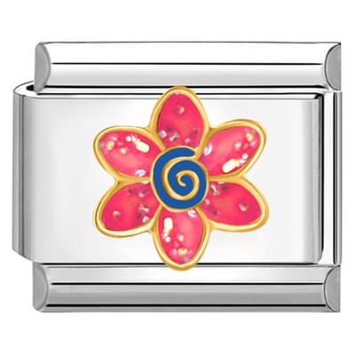 Quiges - Schakel - Bedel - 9mm - charms - Roze Bloem - Geschikt voor - armband - Schakelarmband - italy bedels armband