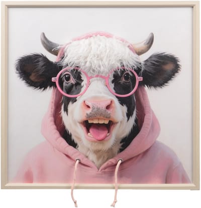 UNUS® Wandbeeld koe met hoodie en roze bril 60x60 cm Wall art - Schilderijen - wanddecoratie muurdecoratie - Woonkamer - keuken - hal - Kinderkamer - Tienerkamer - beeldjes voor binnen - dier - humor