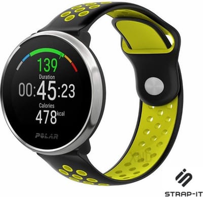 Strap-it Ademend siliconen sport bandje - geschikt voor Polar Unite / Ignite / Ignite 2 / Ignite 3 / Pacer - zwart/geel