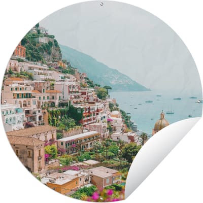 Tuincirkel Berg - Water - Stad - 60x60 cm - Ronde Tuinposter - Buiten