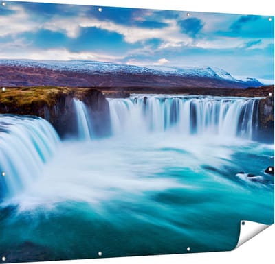 Gards Tuinposter Watervallen in het Blauw Groene Water - 150x120 cm - Tuindoek - Tuindecoratie - Wanddecoratie buiten - Tuinschilderij