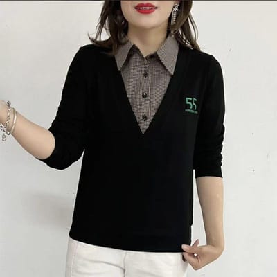 Modieus geruit polonekshirt met lange mouwen voor moeders, lente en herfst, Koreaanse stijl, losvallend, slankmakend, leeftijdsverjongend, fake tweedelig voor dames 4XL black