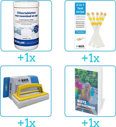 Zwembad Onderhoudspakket - Onderhoud Zwembad - bevat Chloor - Testrips - Scrubborstel en Zwembadgids (4-delig)