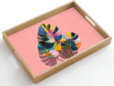 Dienblad hout 50x35 cm - Schootdienblad - Bladeren - Geschilderd - Vlakken - Kleurrijk - Borrelplank rechthoek - Plateau dienbladen