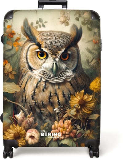 NoBoringSuitcases.com® - Koffer groot - Reiskoffer lichtgewicht - Portret van een uil tussen gele en oranje bloemen - Rolkoffer met 4 wielen - Grote trolley XL - 98 liter bagage