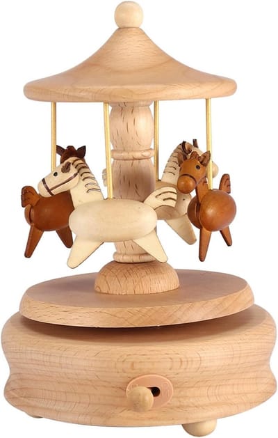 Muziekdoos Hout - Draaiend Paardje - Decoratie Huis - Vintage Ambacht - 16 x 15 x 20 cm - Houtkleur