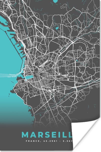 Poster Marseille - Frankrijk - Plattegrond - Stadskaart - Kaart - 120x180 cm XXL
