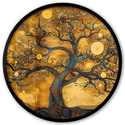 Poster in lijst Rond - Fotolijst 40x40 cm - Posters - Boom - Levensboom - Abstract - Goud - Ronde posterlijst zwart - Decoratie - Wanddecoratie woonkamer - Muurdecoratie slaapkamer
