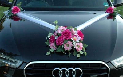 Autoboeket Bruiloft - Bruiloftsdecoratie Auto - Autodecoratie Huwelijk - Zuignappen Bevestiging - 2x 110 cm Sjerpen - Roze