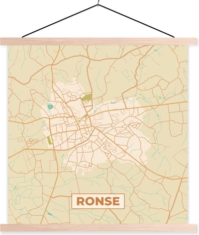Posterhanger incl. Poster 40x40 cm - Schoolplaat - Plattegrond - Stadskaart - Ronse - België - Kaart - Textielposter - Blanke latten - Stadskaart