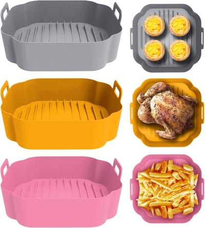 KZQ Siliconen bakvormen voor airfryers, 3-delige set, 20 cm, herbruikbaar, verdikte vierkante siliconen bakvormen voor airfryers (roze + grijs + gembergeel).