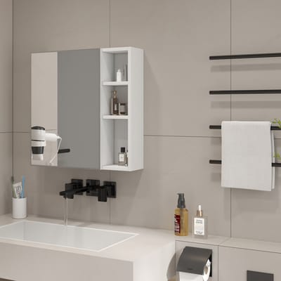 MODFU Badkamer Spiegelkast – 55x13x56 cm – Wandmontage – Verdeelde Opbergruimte – Geruisloze Scharnieren – MDF & Glas – Wit