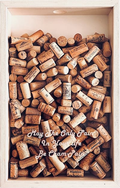 Proostbox Wit - May The Only Pain In Your Life Be Cham-Pain - 50x32cm - Handgemaakte Kurkbox | Wijn cadeau | Wijn Kurkhouder | Wijnkurk bewaardoos