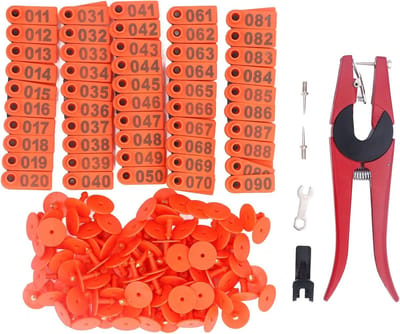 Complete Set van 100 Dierenoorlabels met Applicator voor Runderen, Paarden, Varkens en Schapen - Duurzaam TPU en Aluminium, Ovalen Vorm in Meerdere Kleuren