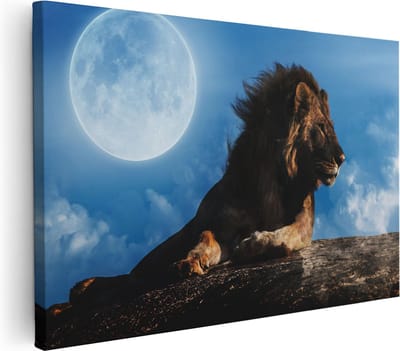 Artaza Canvas Schilderij Leeuw Bij Volle Maan - 30x20 cm - Klein - Muurdecoratie Dierenkop - Wanddecoratie Woonkamer - Kamer Accessoires
