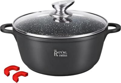 Royal Swiss® Braadpan Ø24 cm – 3.8L – Afneembare Handgreep – Titanium Antiaanbaklaag – Inductiegeschikt – PFOA & PTFE Vrij – Met Glazen Deksel – Lichtgewicht Aluminium
