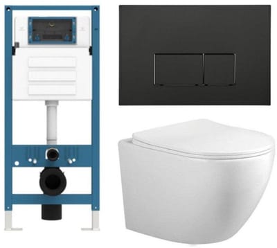 FugaFlow Eccelente Press Toiletset - 48.5x36x32cm - diepspoel - spoelrandloos - inbouwreservoir - softclose - quickrelease - toiletzitting - mat zwarte metalen bedieningsplaat - rechthoekige knoppen - wit
