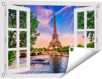 Gards Tuinposter Doorkijk Eiffeltoren in Parijs aan het Water - Kleur - 60x40 cm - Tuindoek - Tuindecoratie - Wanddecoratie buiten - Tuinschilderij