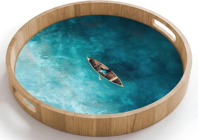 Dienblad rond 40x40 cm - Schootdienblad hout - Bootje - Water - Blauw - Borrelplank rechthoek - Plateau houten dienbladen