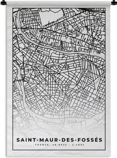 Wandkleed - Wanddoek - Frankrijk - Kaart - Plattegrond - Stadskaart - Saint-Maur-des-Fossés - Zwart wit - 120x180 cm - Wandtapijt