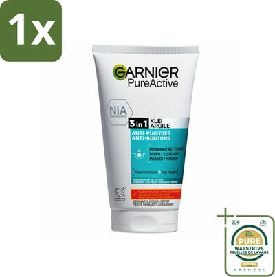 1 x Garnier - Pure Active - 3-in-1 Reiniging Scrub Masker - Tegen Puistjes & Onzuiverheden - Klei & Niacinamide - 150 ml- 3-in-1 Reiniging Scrub Masker - Puistjes - Onzuiverheden - Huid Reinigen - Huid Matte