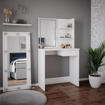 Witte Kaptafel met LED Spiegel en Opbergruimte - 75 cm Breed