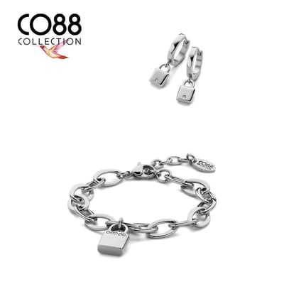 CO88 Collections 8CO-SET090 - Stalen Sieradenset - Armband met Oorringen - Hangslotje - 19,5 cm Lengte Armband - 16 mm Doorsnee Oorringen - Zilverkleurig