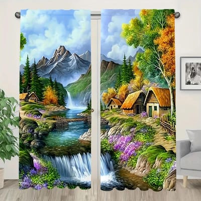 Gordijnen met print van hedendaags kunstlandschap, tunnelzak slaapkamer en woonkamer, huisdecoratie, kamerdecoratie 14Wx39L(35x100CM)x2 gray