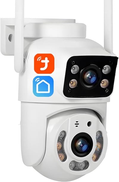 Beveiligingscamera Buiten - IP Camera Nachtzicht - Huisbewaking Op Afstand - Dubbele Lens Groothoek - 5MP + 5MP - Wit