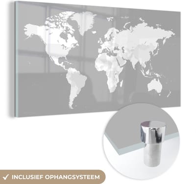 ® Glasschilderij 160x80 cm - Schilderij acrylglas - Wereldkaart - Contour - Blauw - Foto op glas - Muurdecoratie woonkamer - Wanddecoratie slaapkamer - Schilderijen