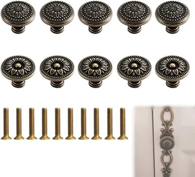SnelShoppen - Antique Bronze Kastknoppen Set van 10 - Vintage Deurgrepen, 2 Patronen, Meubelbeslag voor Keuken, Badkamer, Kasten en Dressoirs