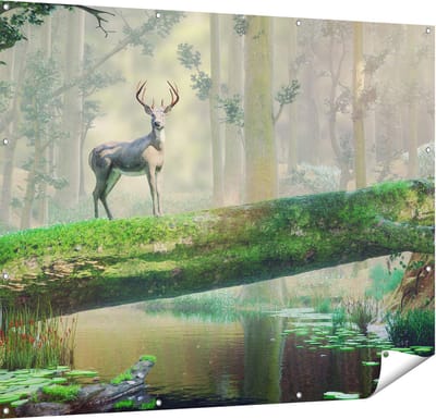 Gards Tuinposter Hert in het Bos op een Boom - 150x120 cm - Tuindoek - Tuindecoratie - Wanddecoratie buiten - Tuinschilderij