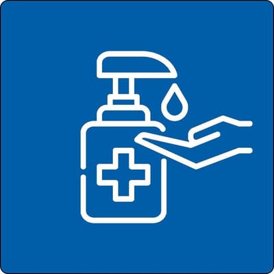Vloerpictogram “handen desinfecteren verplicht” - Wit & Blauw - 20 cm x 200 mm x 0,99 mm- Vlak - Polyvinylchloride (PVC) - 0,99 mm - Voor binnen