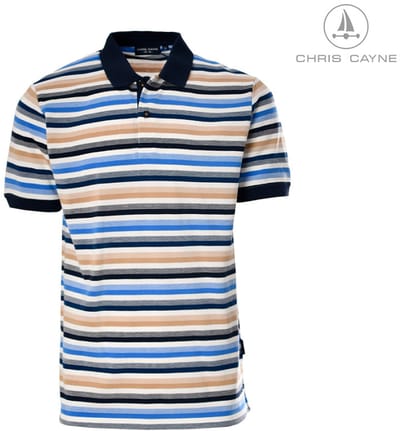 Chris Cayne heren poloshirt - M - offwhite/blauw/zand - gestreept patroon - korte mouw - pique - Katoen