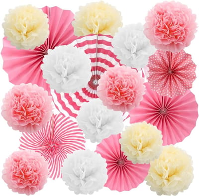 Set van 18 roze papieren feestdecoraties, papieren pompons decoraties, papieren waaiers pompoms bruiloftsfeest voor - ShopVlot